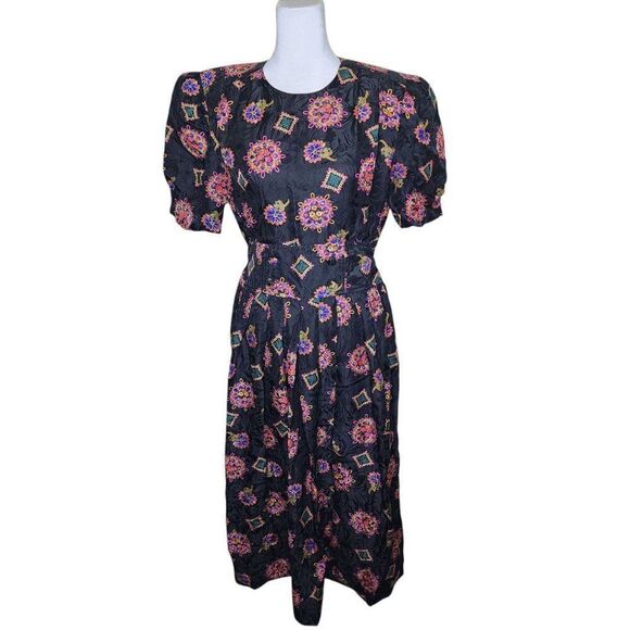 Karin Stevens Vintage Silk Short Sleeve Blouson Dress Womens Size 8 Black - Picture 1 of 6
